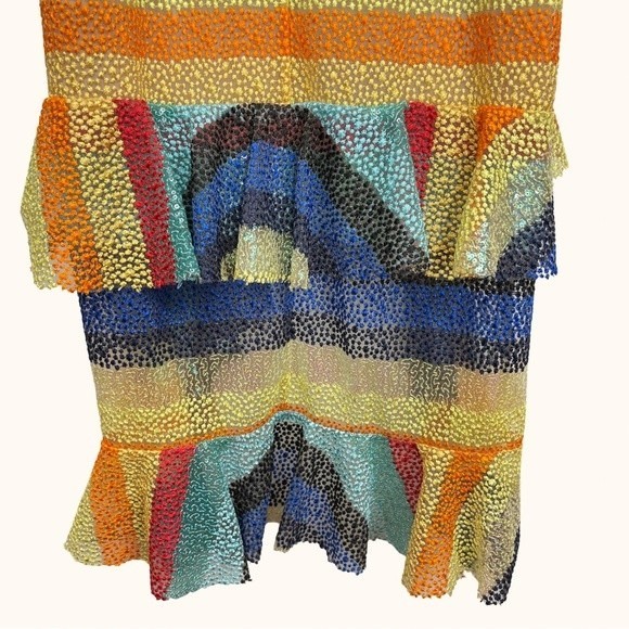 Alice + Olivia | Annabeth Sequin Embroidered Mesh Rainbow Striped Ruffle Dress - Picture 13 of 16
